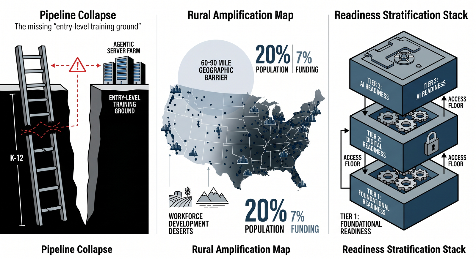 OCF Research: Rural Amplification Map showing 20% population with 7% workforce funding, Pipeline Collapse diagram, and Readiness Stratification Stack